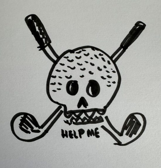 a golfball skull and golfclub crossbones with the motto HELP ME underneath